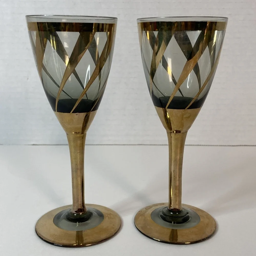Mid Century Modern Gold Tone & Smoked Glass Flute Glasses 5.75